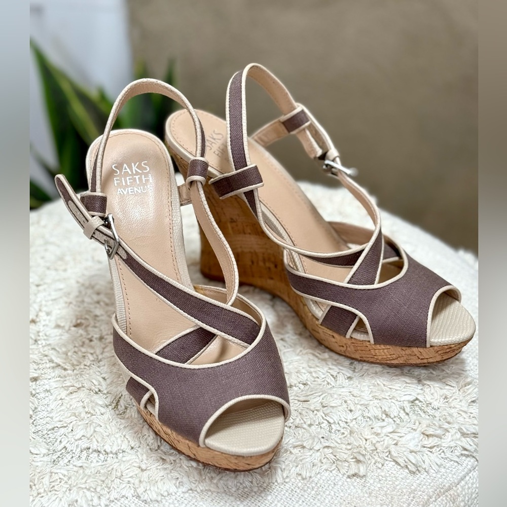 Saks Fifth Ave Brianna Slingback Platform Cork Wedge Sandals Women’s Sz 7.5